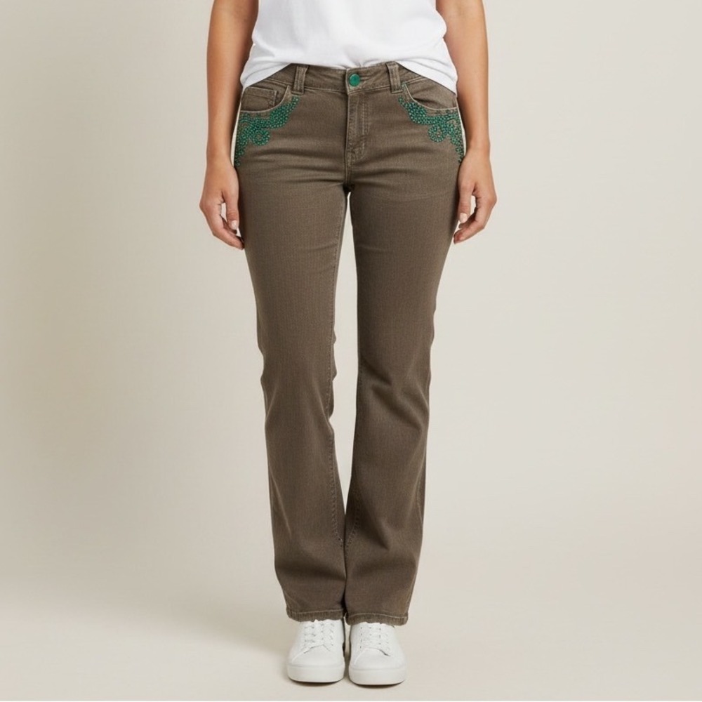 Lauren Ralph Lauren Women Jeans 12 Brown Denim Green Beaded Straight Leg Western